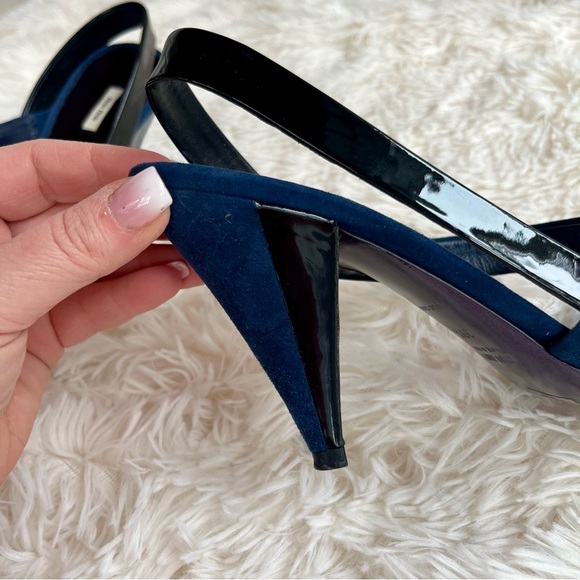 Miu Miu Navy Blue Suede Black Patent Leather Slingback Heels Sandals Size 9.5 - Picture 2 of 14